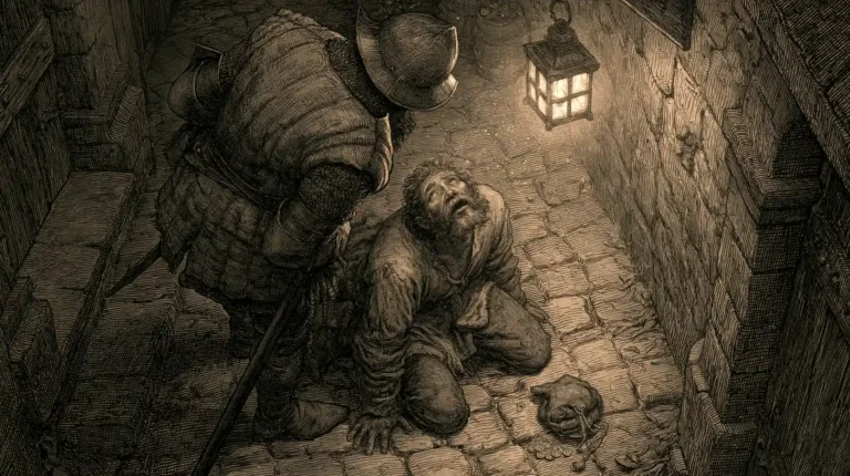 어두운 중세 도시의 밤거리에서 등불을 들고 바닥에 앉은 평민과 마주한 야간 경비병의 모습
